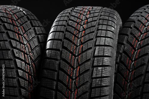 Set of winter tires standing on black background showing tread pattern photo