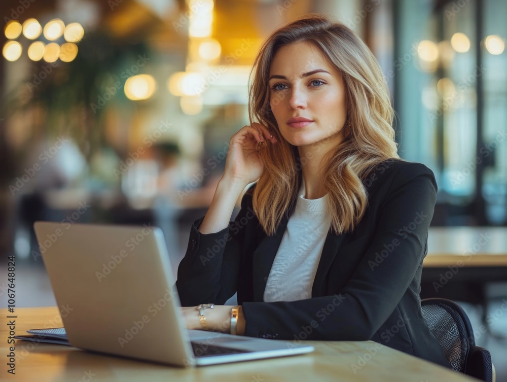 Businesswoman focused on screen, modern office environment Businesswoman focused on screen, modern office environment