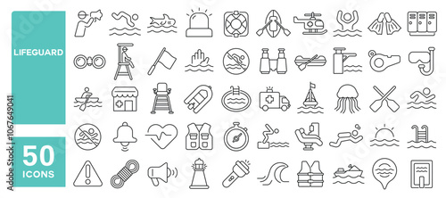 Set of 50 line icons related to lifeguard, beach, safety, eye, vacation, lifebuoy, emergency, protection, sea, watching, Editable stroke. Vector illustration