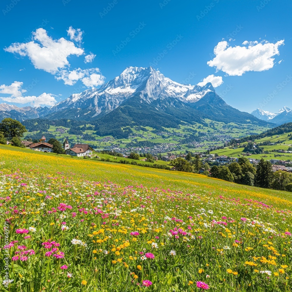 Fototapeta premium Scenic mountain landscape with vibrant flowers and clear blue skies.