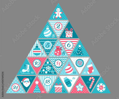 Hand drawn vector illustration. Christmas advent calendar with Winter Holiday Elements in pastel blue, White and red