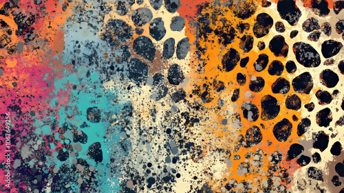 Abstract Leopard Print Digital Painting: Orange, Teal, and Black