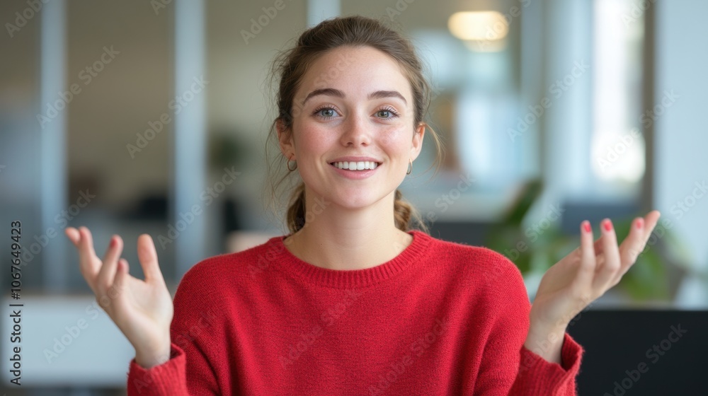 Smiling young woman with raised hands wearing a red sweater in an office setting. Smiling young woman with raised hands wearing a red sweater in an office setting.