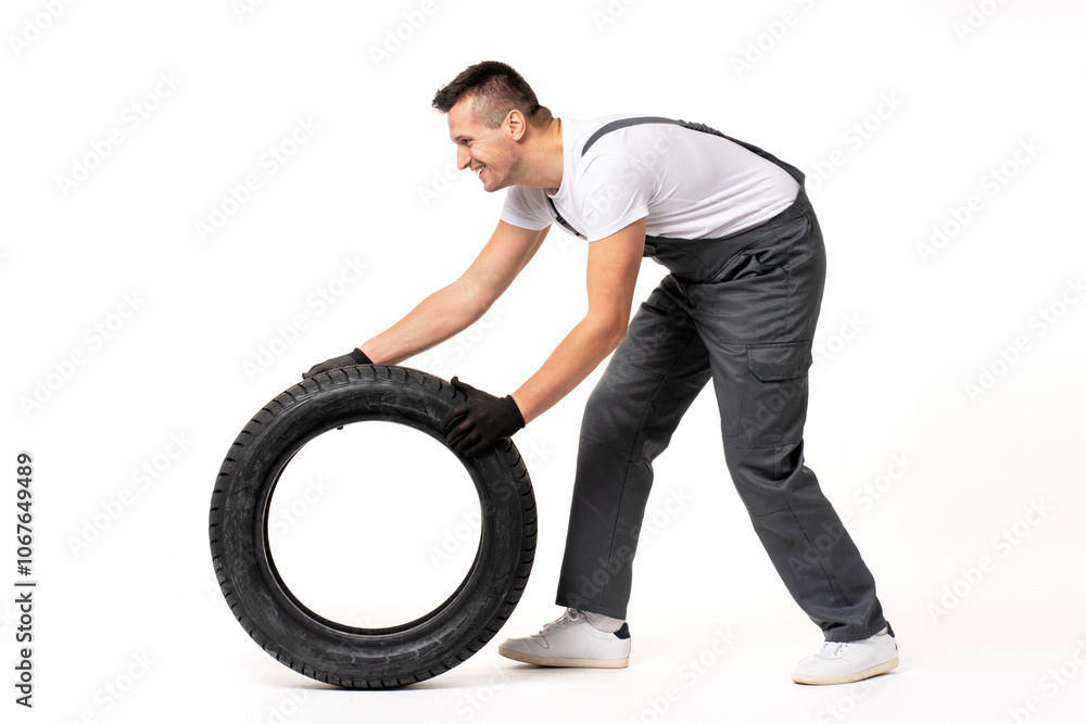 Mechanic pushing tire in studio on white background Mechanic pushing tire in studio on white background