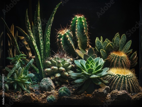 A close-up of a terrarium filled with various cacti and succulent plants, embodying the beauty and harshness of desert flora. photo