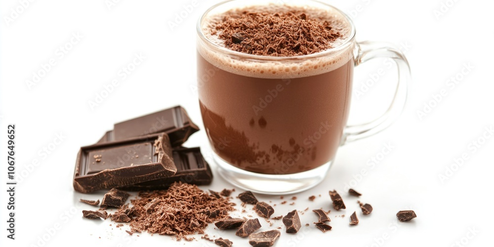 A steaming cup of cocoa latte adorned with chocolate shavings, ready to enjoy. The contrast between the white foam and the rich brown liquid creates an appealing visual treat. A steaming cup of cocoa latte adorned with chocolate shavings, ready to enjoy. The contrast between the white foam and the rich brown liquid creates an appealing visual treat.