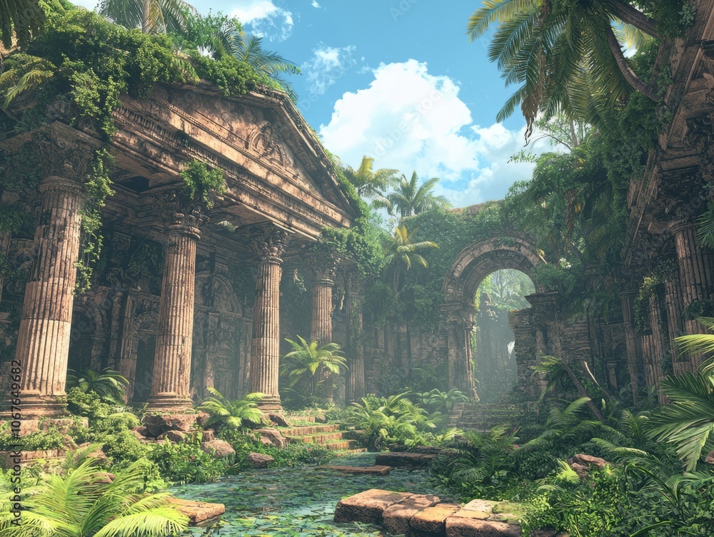 Lush, ancient ruins enveloped in vibrant greenery and tropical foliage. Lush, ancient ruins enveloped in vibrant greenery and tropical foliage.