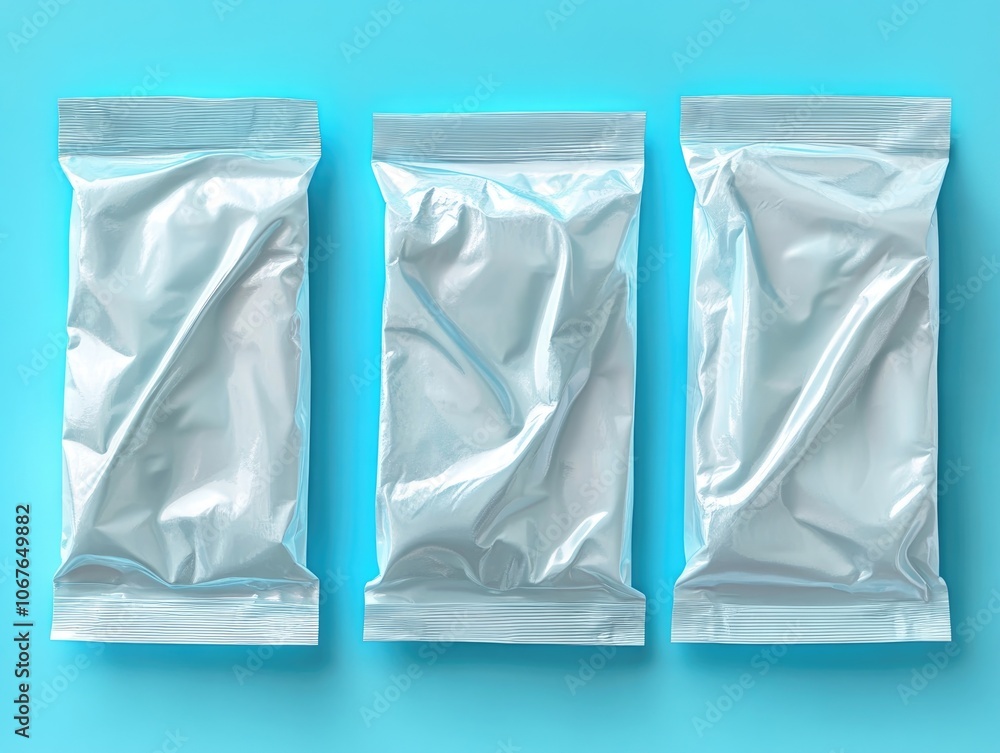 Three clear plastic food packaging. Nutrition bars or supplements. Three clear plastic food packaging. Nutrition bars or supplements.