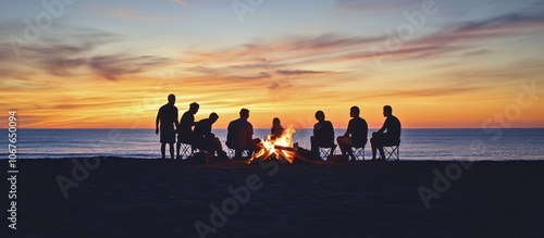 Silhouettes of friends gathered around a bonfire on the beach at sunset.