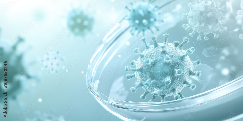 Macro 3d close up of different bacteria and virus cells in a scientific laboratory petri dish on simple background with copy space. Macro 3d close up of different bacteria and virus cells in a scientific laboratory petri dish on simple background with copy space.