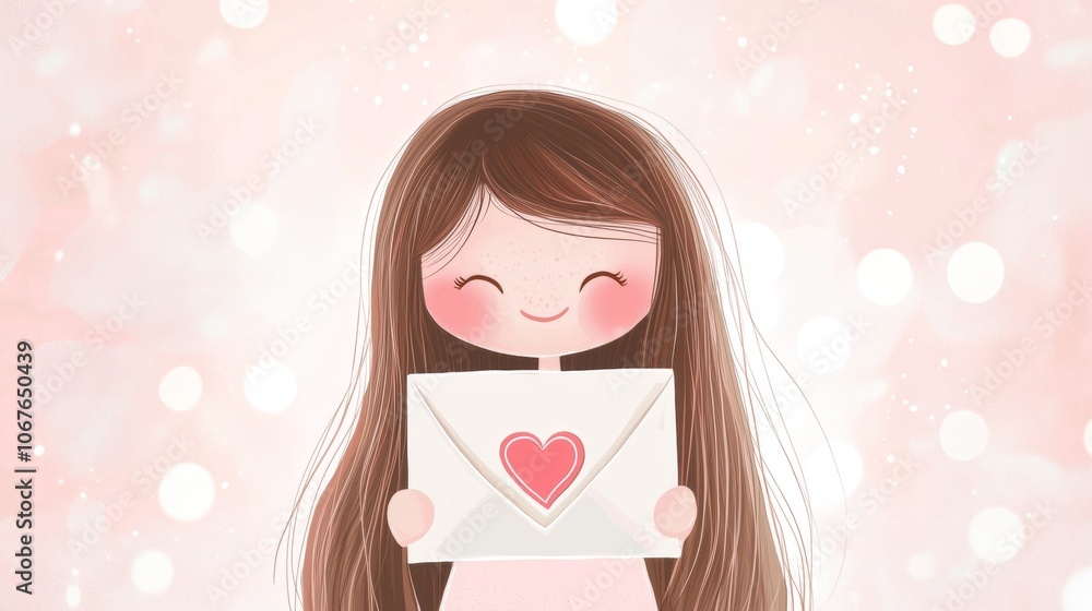 Cute cartoon girl with long brown hair and freckles smiling and holding a white envelope with a pink heart on a pink bokeh background representing love, affection, and valentine's day Cute cartoon girl with long brown hair and freckles smiling and holding a white envelope with a pink heart on a pink bokeh background representing love, affection, and valentine's day