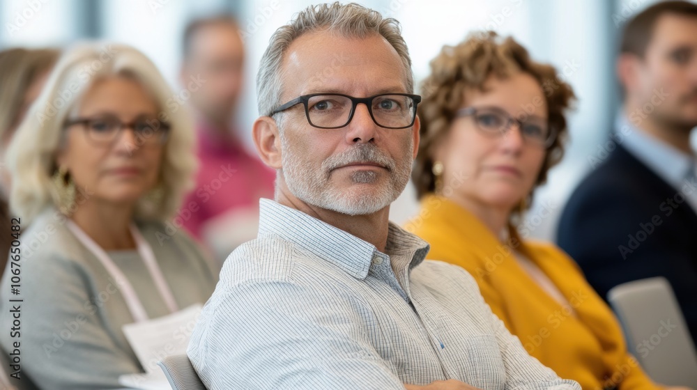 Attentive middle-aged man in conference with audience in background. Business and education seminar. Attentive middle-aged man in conference with audience in background. Business and education seminar.