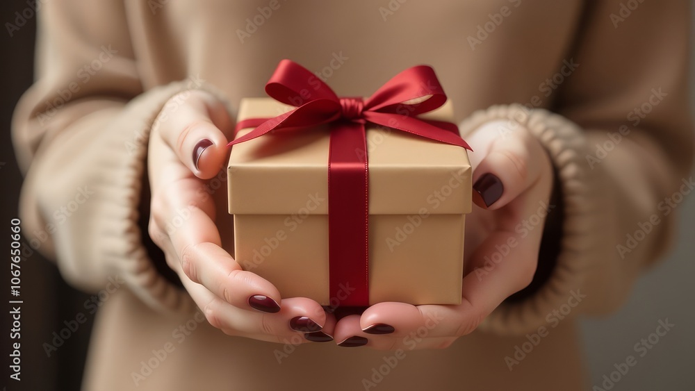 Close-up photo of hands of girl in brown clothes and with brown manicure holding brown gift box Close-up photo of hands of girl in brown clothes and with brown manicure holding brown gift box
