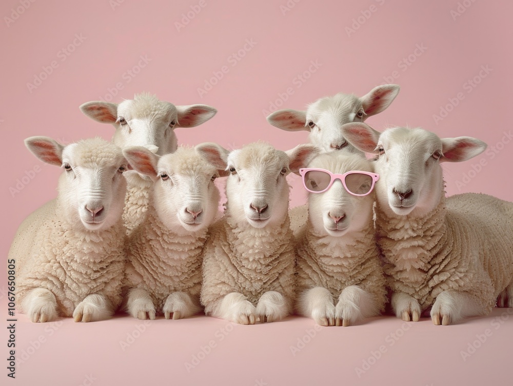 Fototapeta premium Group of sheep are wearing sunglasses and posing for a picture. The image has a playful and lighthearted mood, as the sheep are dressed up and posing for the camera