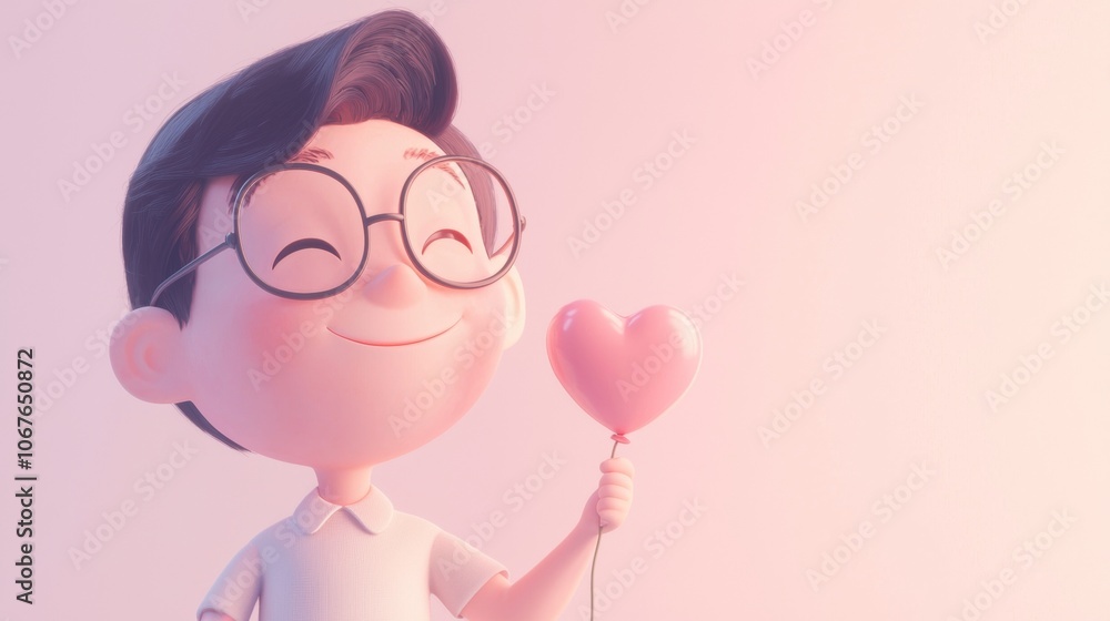 Cheerful boy with glasses is holding a heart-shaped balloon, radiating joy and affection on a soft pink background, symbolizing love, happiness, and childhood innocence Cheerful boy with glasses is holding a heart-shaped balloon, radiating joy and affection on a soft pink background, symbolizing love, happiness, and childhood innocence