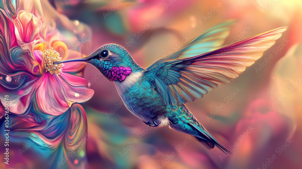Fototapeta premium Hummingbird Nectar Flower Art Nouveau Vibrant