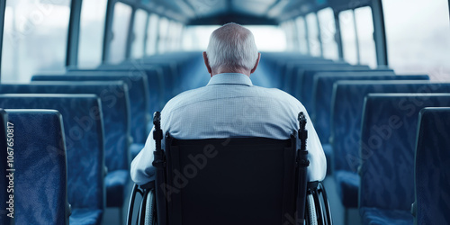 Old grandfather with disability sitting in wheelchair in public transportation. An old man with disability sitting in wheelchair in an empty bus.