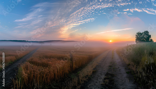 Wallpaper Mural Sunrise in an agricultural field with fog, path and golden rye covered with dew on an early summer morning Torontodigital.ca