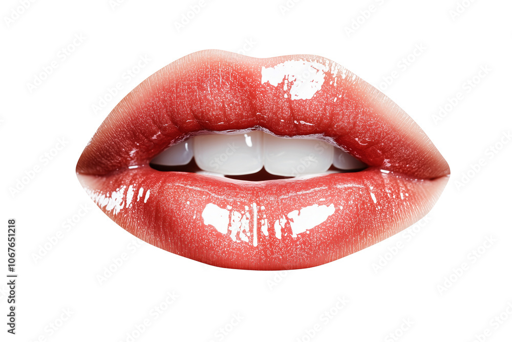 Obraz premium Glossy lips isolated on transparent background. Glamour makeup concept. Beauty close-up for cosmetic advertising. 