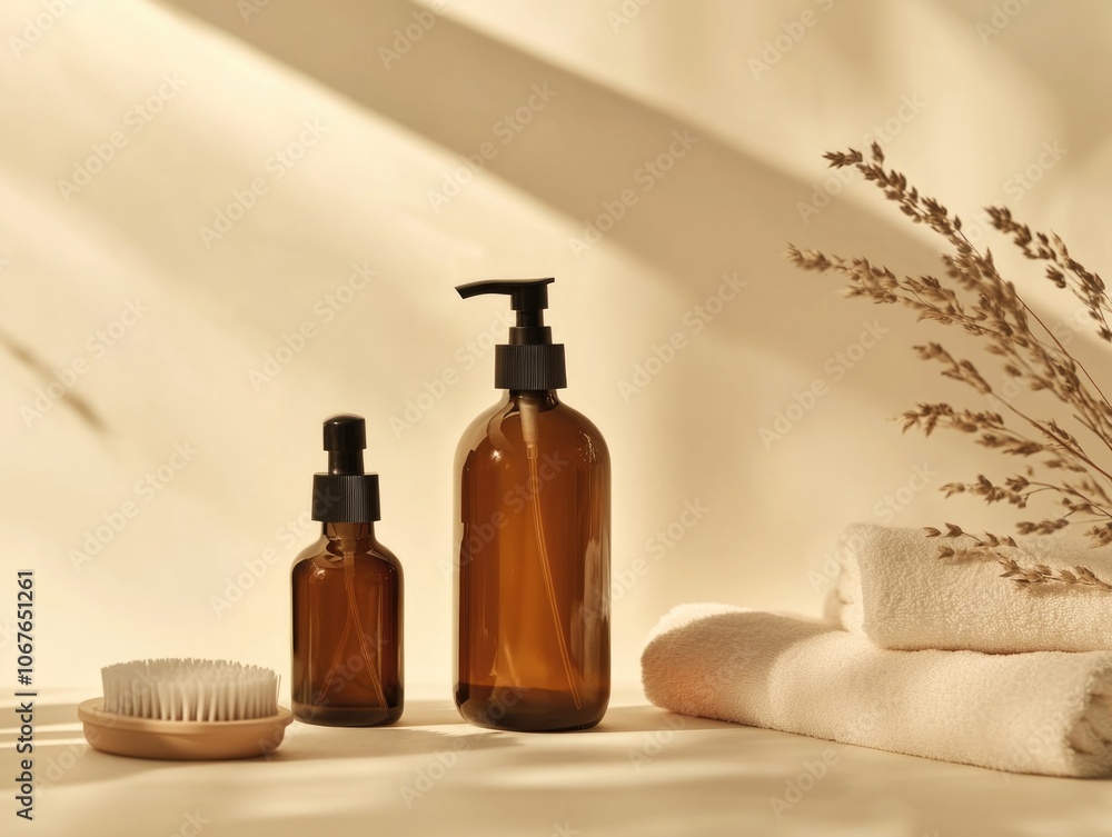 Skincare and bath products neatly arranged on a table. Skincare and bath products neatly arranged on a table.