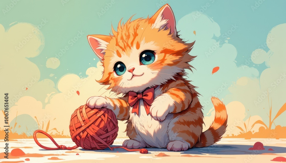 Obraz premium Adorable kitten with ribbon charm and yarn ball in whimsical autumn setting