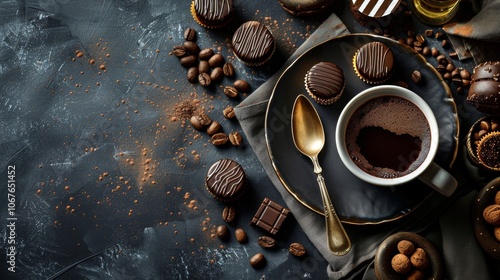 Gourmet coffee and chocolates on dark background