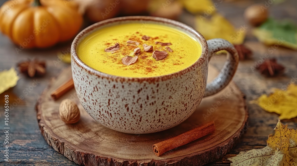 A cup of pumpkin spice latte with autumn leaves and spices. A cup of pumpkin spice latte with autumn leaves and spices.