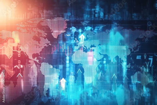 Business chart with world map and arrows, representing global trade and financial growth