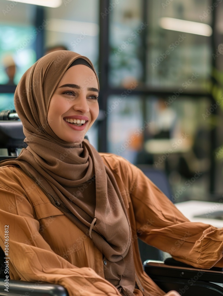 Confident young muslim female with scarf, smiling at her desk job. Confident young muslim female with scarf, smiling at her desk job.