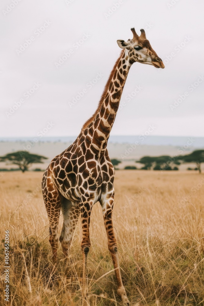 A giraffe standing in the wild, possibly on a safari, set against an African grassland backdrop. A giraffe standing in the wild, possibly on a safari, set against an African grassland backdrop.