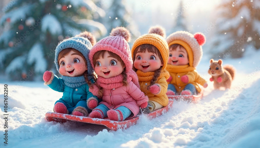 Adorable Children Sledding Together in a Snowy Winter Wonderland Adorable Children Sledding Together in a Snowy Winter Wonderland
