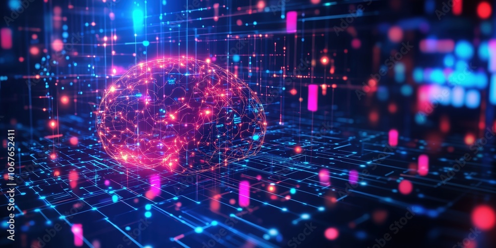 Obraz premium Digital brain concept with neural network connections, glowing lights and data flow