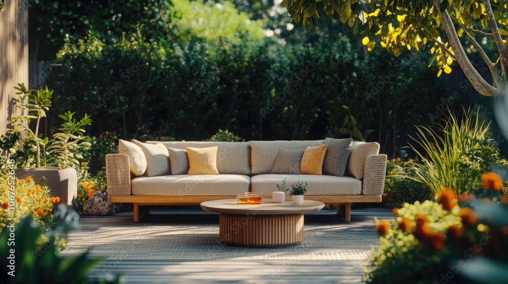Fototapeta premium Modern, luxurious outdoor seating set with high-quality cushions and craftsmanship. Perfect for a comfortable backyard retreat in a sunny garden.