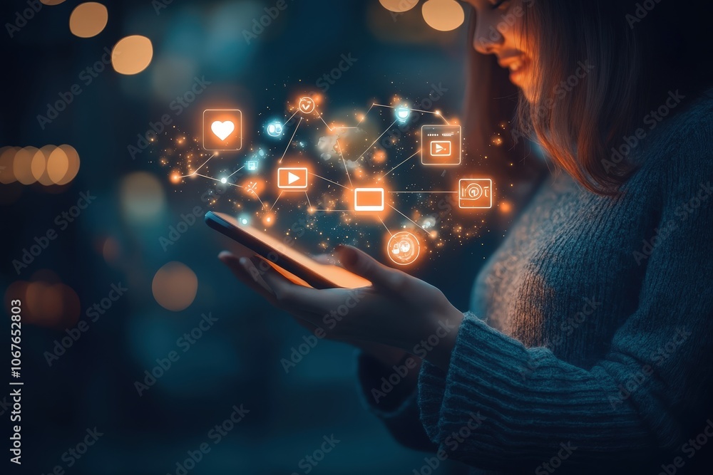 Modern concept of digital connectivity with a tablet displaying holographic network icons, highlighting online communication and technology integration in a dynamic environment Modern concept of digital connectivity with a tablet displaying holographic network icons, highlighting online communication and technology integration in a dynamic environment