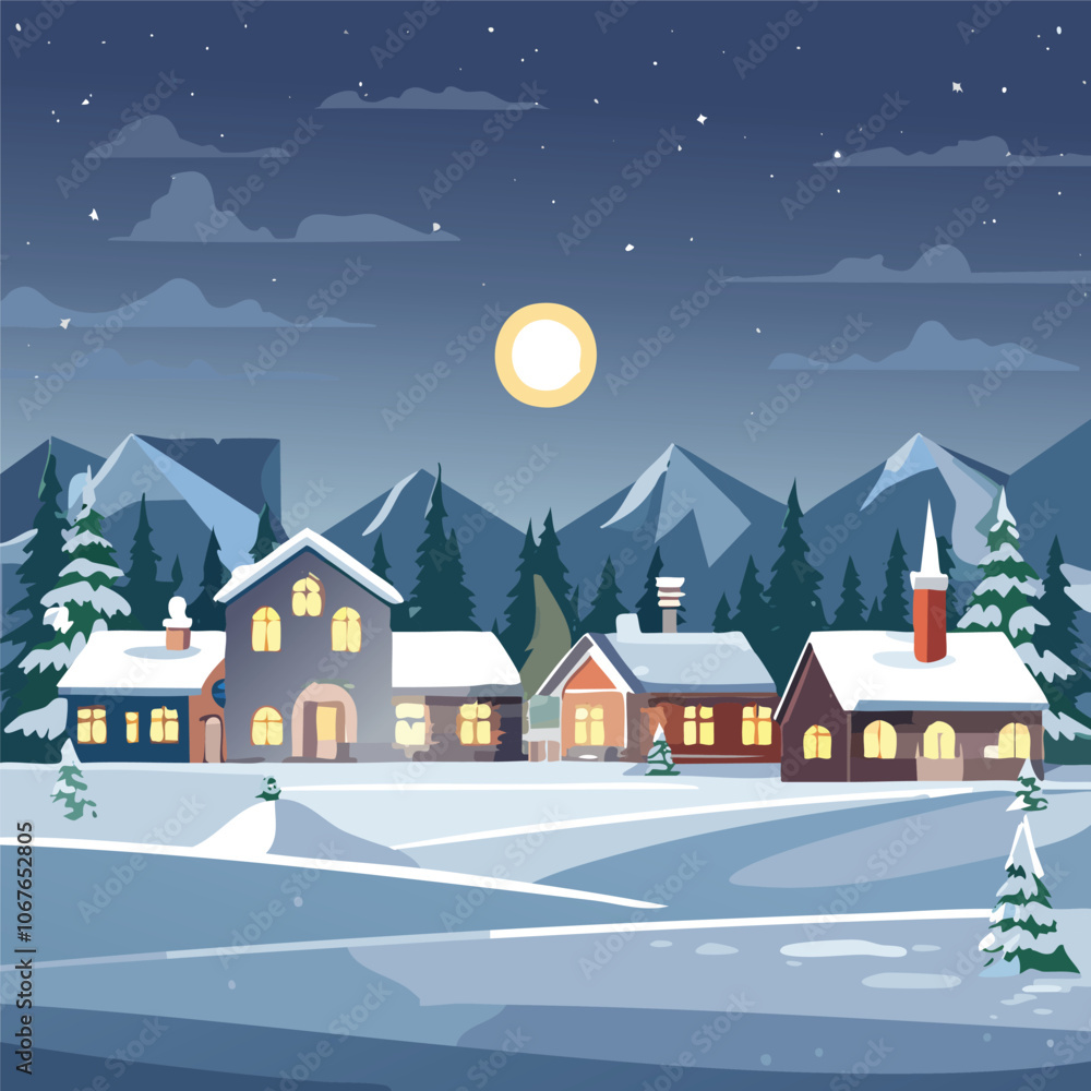 Naklejka premium Illustration of a rural scene during winter at night