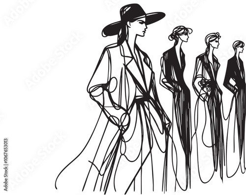 Fashion models. Sketch. Woman in dress and pants