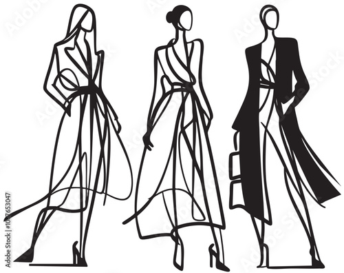 Fashion models. Sketch. Woman in dress and pants