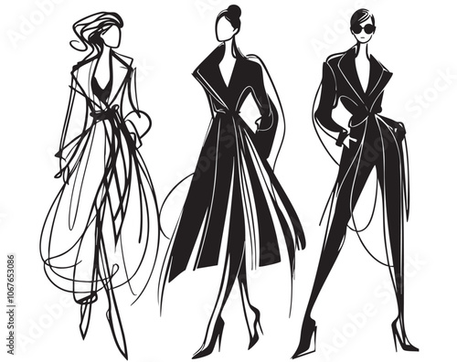 Fashion models. Sketch. Woman in dress and pants