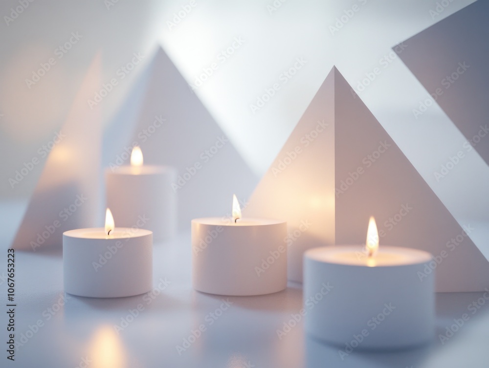 Origami pyramid candle holders with lit white candles create a serene and festive atmosphere. Origami pyramid candle holders with lit white candles create a serene and festive atmosphere.