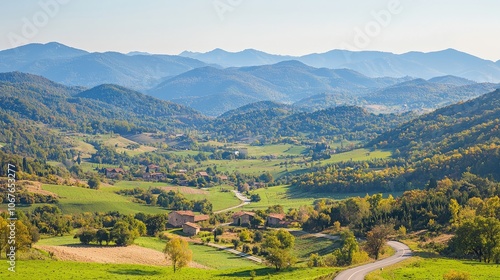 Scenic view of rolling hills and a peaceful rural landscape.