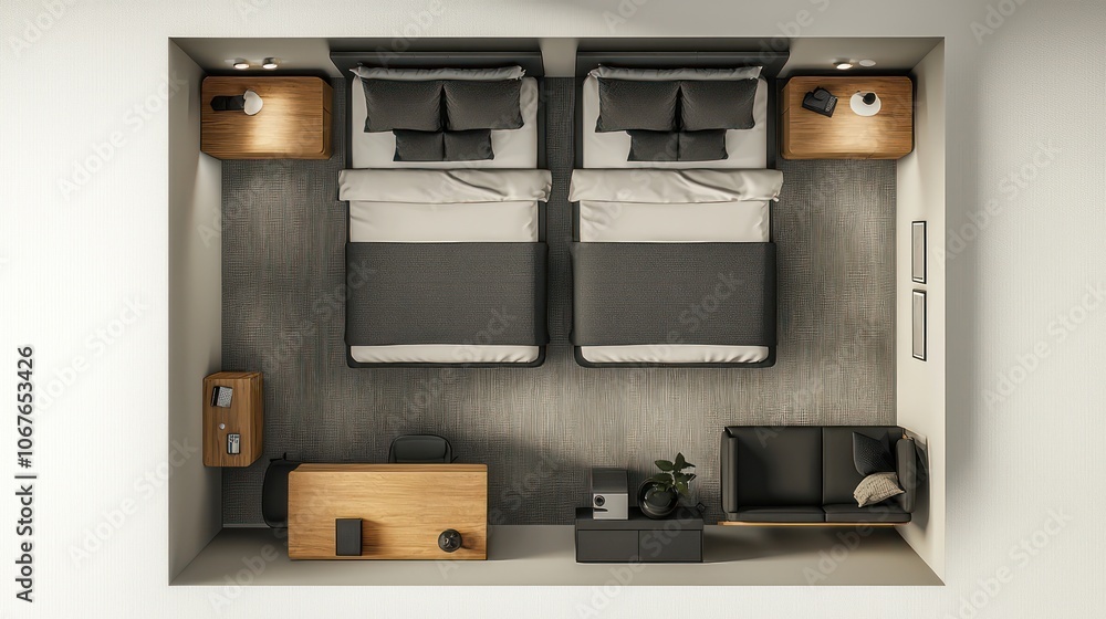 Modern guest room Ariel view with double bed and sleek furniture Modern guest room Ariel view with double bed and sleek furniture