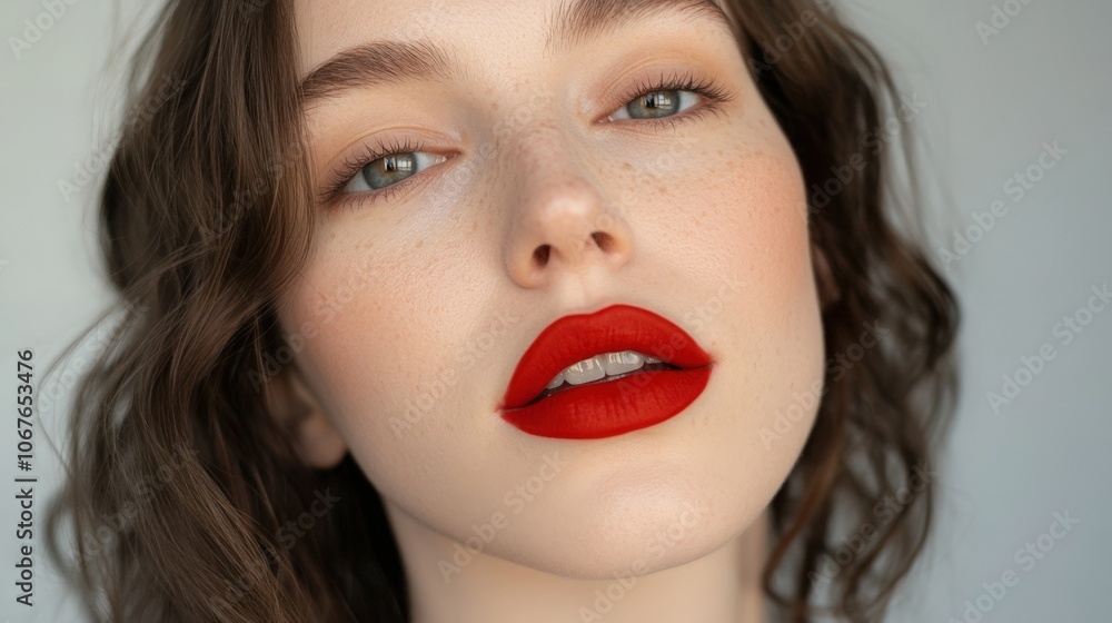 Matte red lipstick on full lips, slightly open, with natural shadows Matte red lipstick on full lips, slightly open, with natural shadows