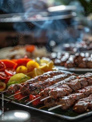 Vibrant vegetable display and delicious kebabs