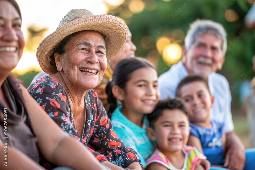 Smiling elderly woman in hat surrounded by young family members. Smiling elderly woman in hat surrounded by young family members.