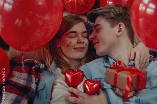 Emotional couple celebrating together with gifts and heart-shaped balloons.