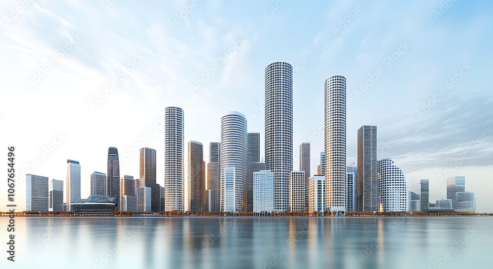 Fototapeta premium Modern city business centre at sunset, office and residential area by the water at gentle pastel colours