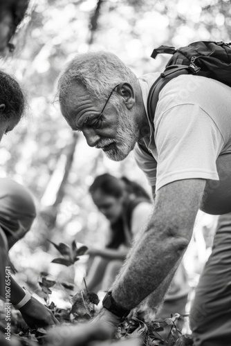 A man in a white shirt with a backpack leads children on a nature tour, learning about local flora and fauna. photo