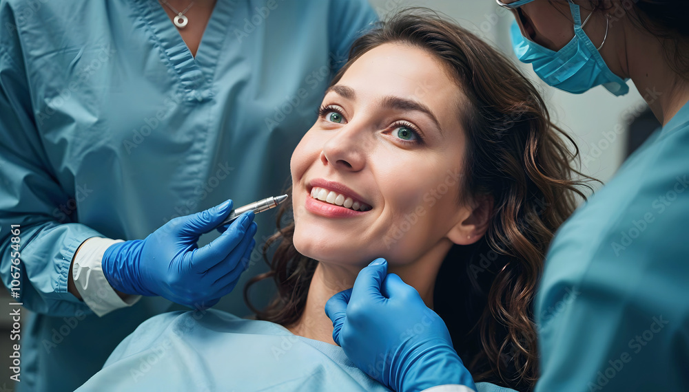 Beautiful woman at doctor getting facial injection, Botox, plastic surgery, facial aesthetic, lifestyle and beauty treatment