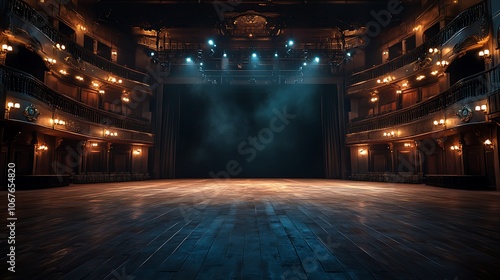 Dramatic theater stage with moody spotlight creating haunting ambiance image photo