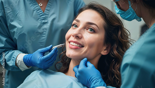 Obraz na płótnie Beautiful woman at doctor getting facial injection, Botox, plastic surgery, facial aesthetic, lifestyle and beauty treatment w salonie